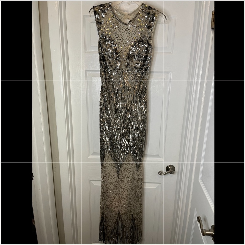 Precious Formals silver sequin prom dress